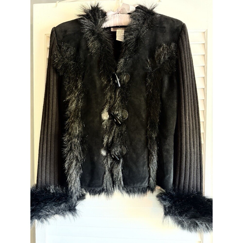 VTG Y2K Black Suede Faux Fur Toggle Jacket L Ribbed Knit Whimsigoth Penny Lane